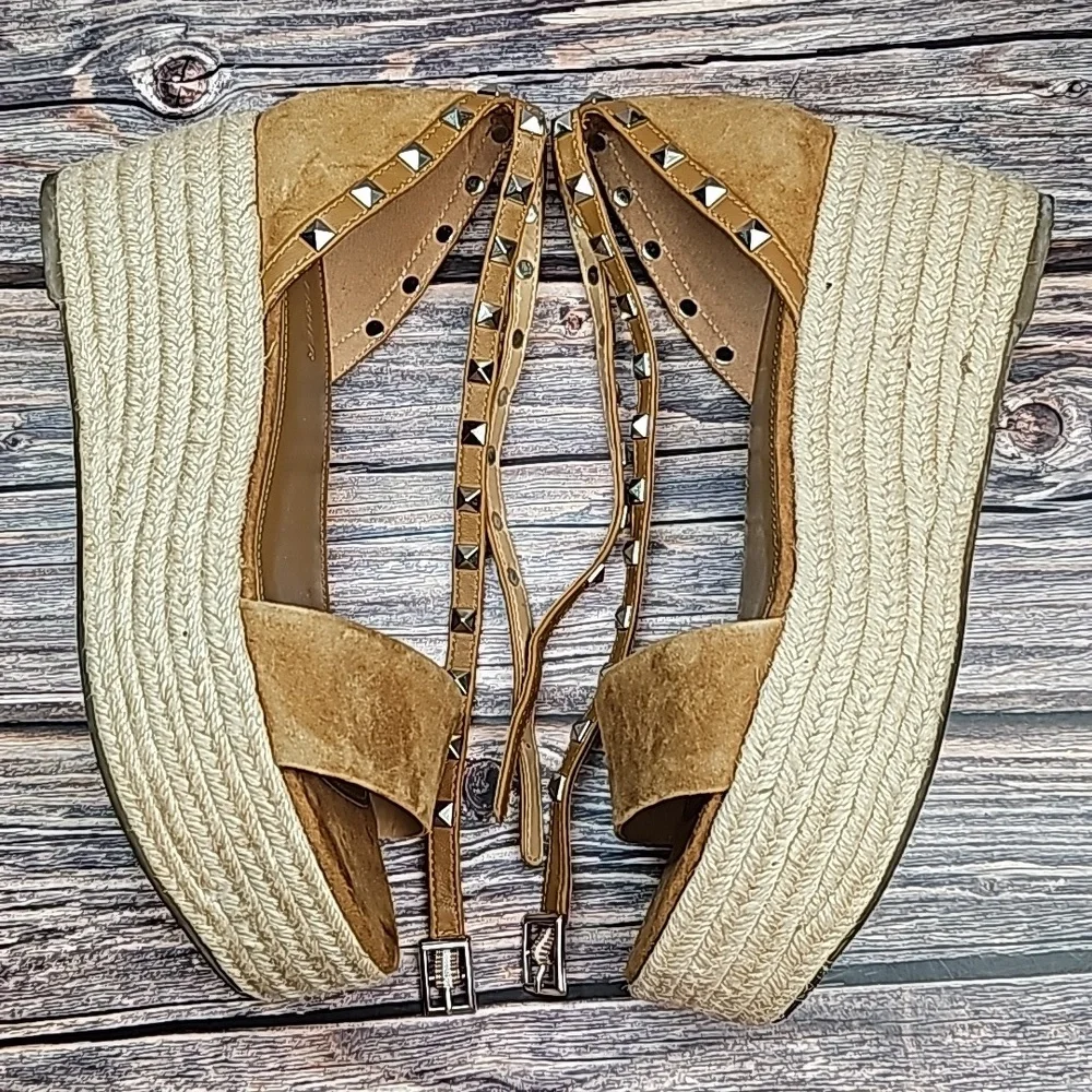 MARC FISHER JAZLYN BROWN SUEDE STUDED WEDGE ESPADRILLES